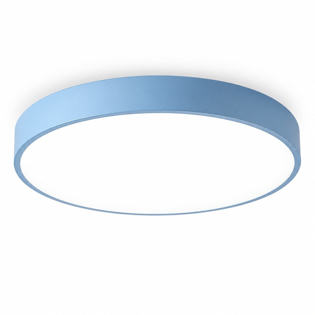Round flush-mount ceiling light with a light blue rim and white diffuser, viewed from below against a white background.