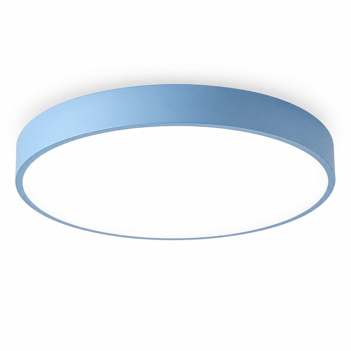 Round flush-mount ceiling light with a light blue rim and white diffuser, viewed from below against a white background.