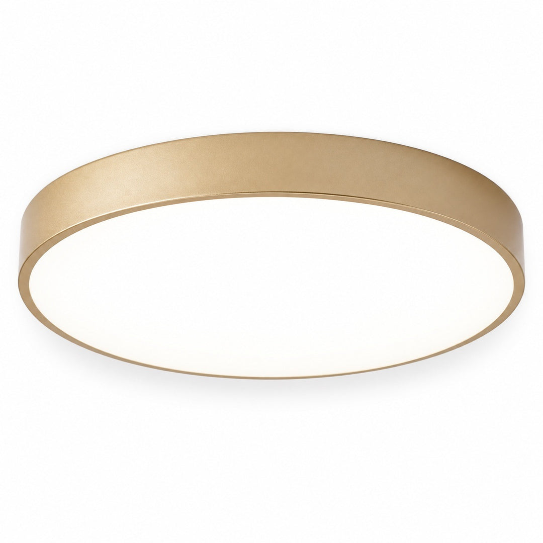 Round flush-mount ceiling light with a gold-toned rim and white diffuser, viewed from below against a white background.