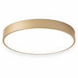 Round flush-mount ceiling light with a gold-toned rim and white diffuser, viewed from below against a white background.
