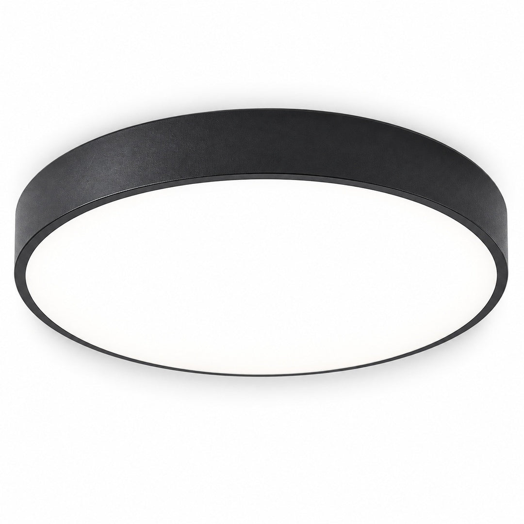 Round flush-mount ceiling light with a black rim and white diffuser, viewed from below against a white background.