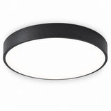 Round flush-mount ceiling light with a black rim and white diffuser, viewed from below against a white background.