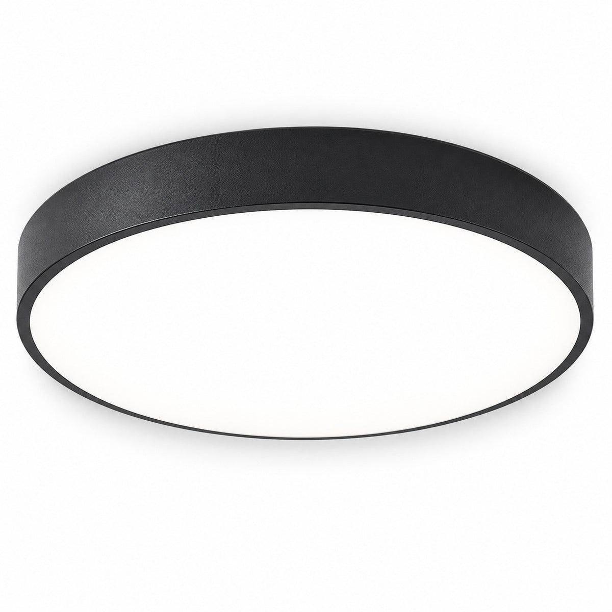 Round flush-mount ceiling light with a black rim and white diffuser, viewed from below against a white background.