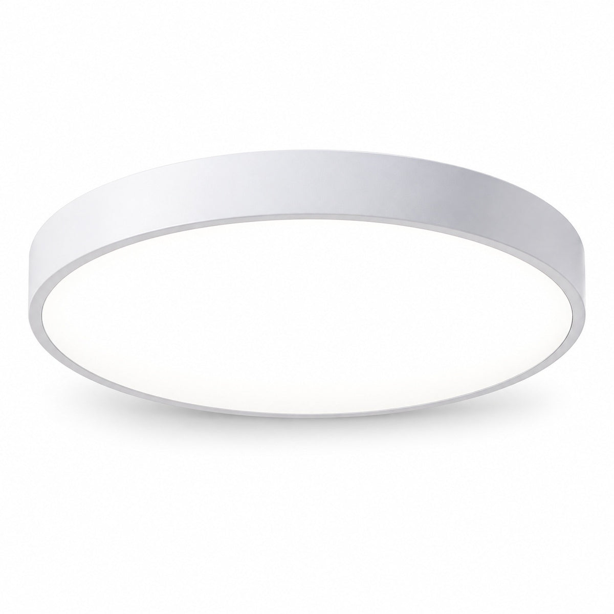 Round flush-mount ceiling light with a white rim and white diffuser, viewed from below against a white background.