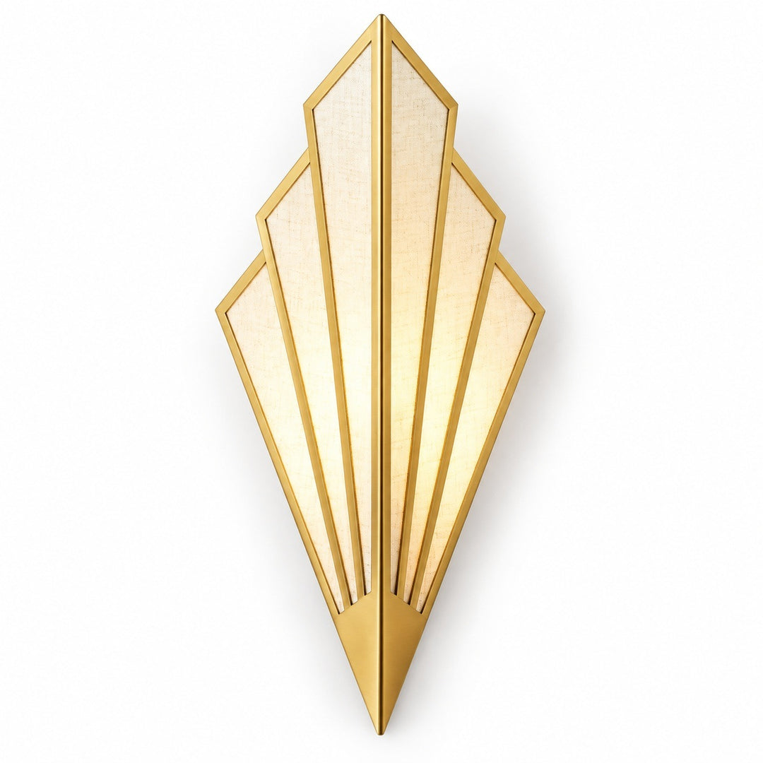 Gold fan-shaped wall sconce with stepped geometric panels glowing warm cream against a plain white background.