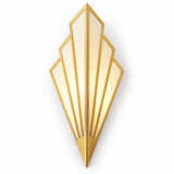 Gold fan-shaped wall sconce with stepped geometric panels glowing warm cream against a plain white background.