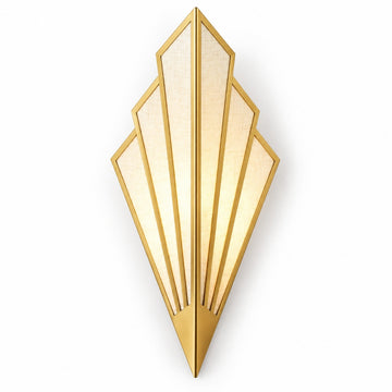 Gold fan-shaped wall sconce with stepped geometric panels glowing warm cream against a plain white background.
