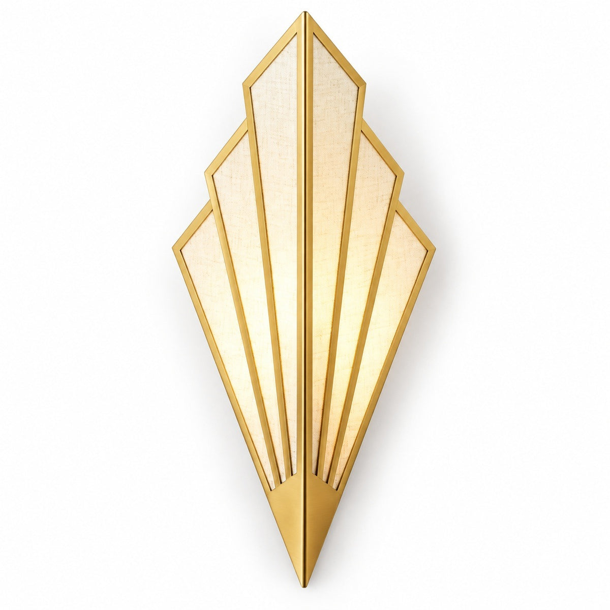 Gold fan-shaped wall sconce with stepped geometric panels glowing warm cream against a plain white background.