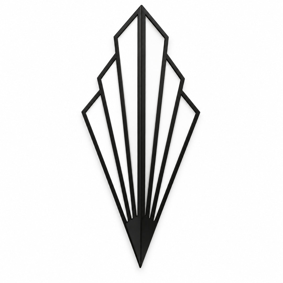 Black fan-shaped wall sconce with white panels, stepped geometric edges, and a pointed base against a white background.