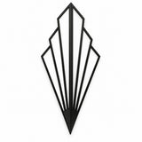 Black fan-shaped wall sconce with white panels, stepped geometric edges, and a pointed base against a white background.