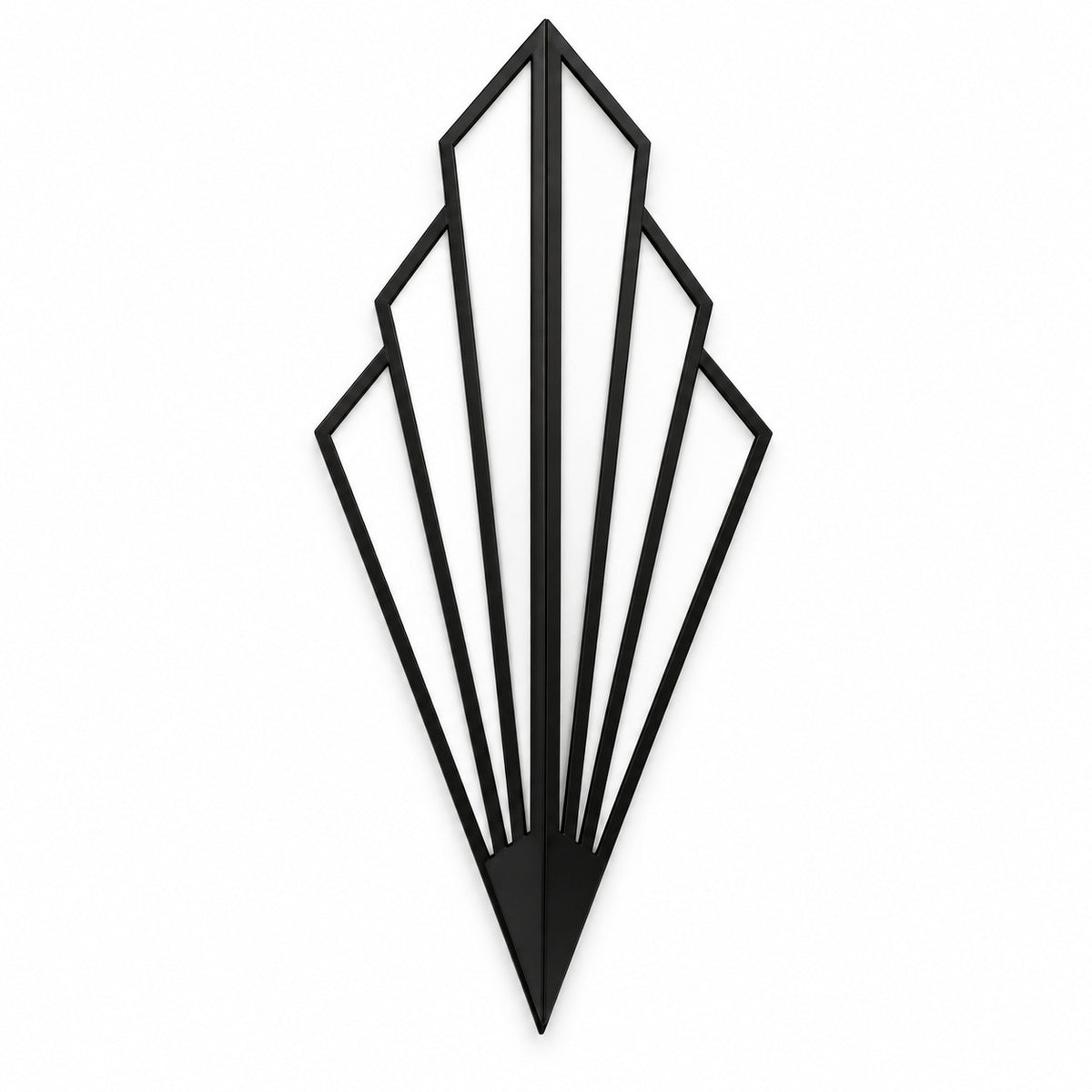 Black fan-shaped wall sconce with white panels, stepped geometric edges, and a pointed base against a white background.