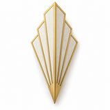 Gold fan-shaped wall sconce with pale cream panels, stepped geometric edges, and a pointed base against a white background.