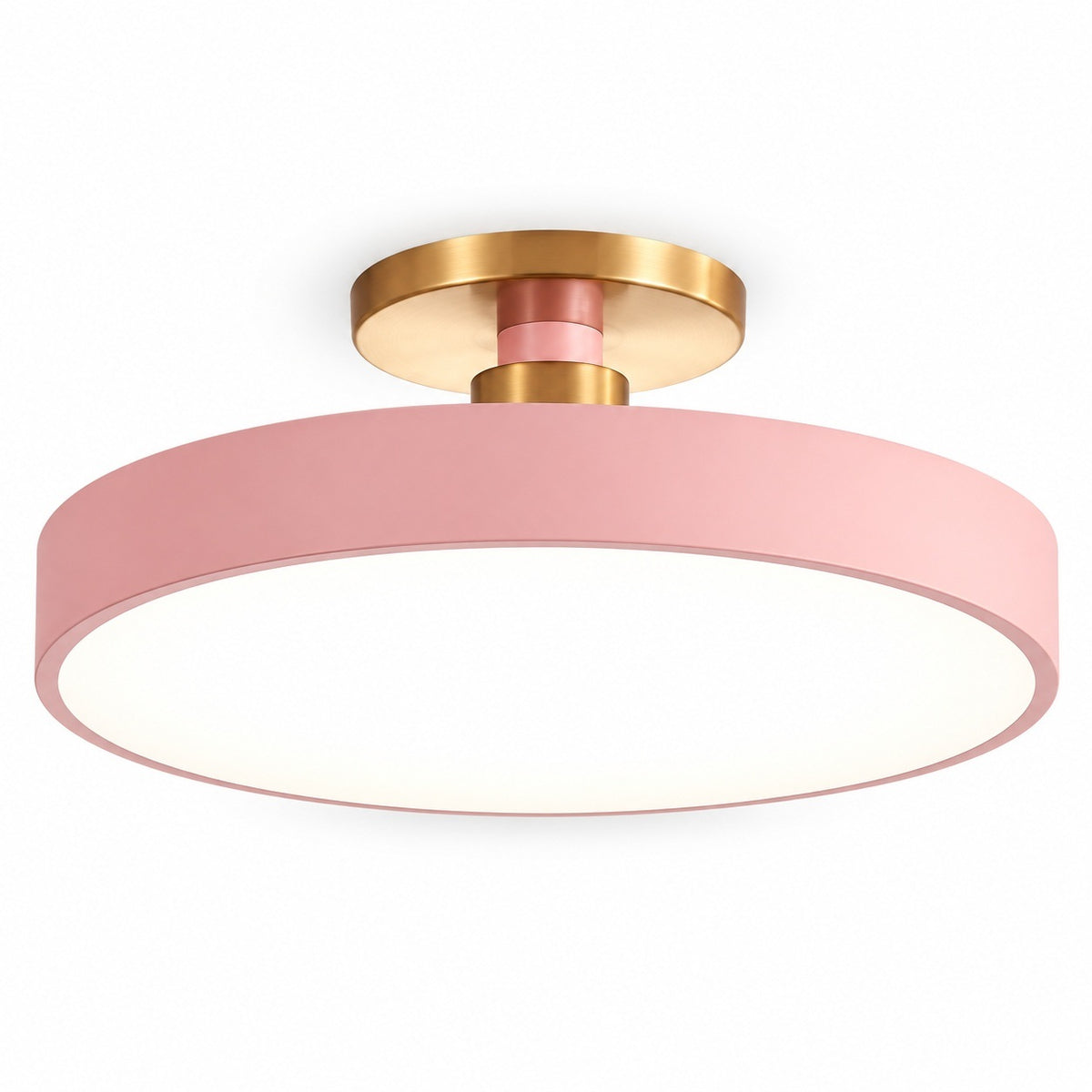 A modern semi-flush mount ceiling light featuring a wide pink cylindrical shade, a white diffuser inside, and a brushed gold metal ceiling mount and central collar.