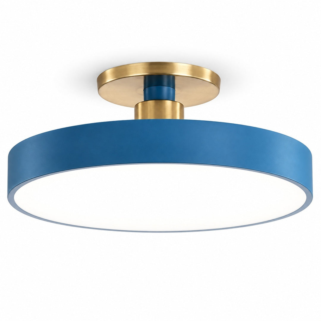 A modern semi-flush mount ceiling light featuring a matte blue cylindrical shade and brushed gold metal mounting hardware, shown against a solid white background.