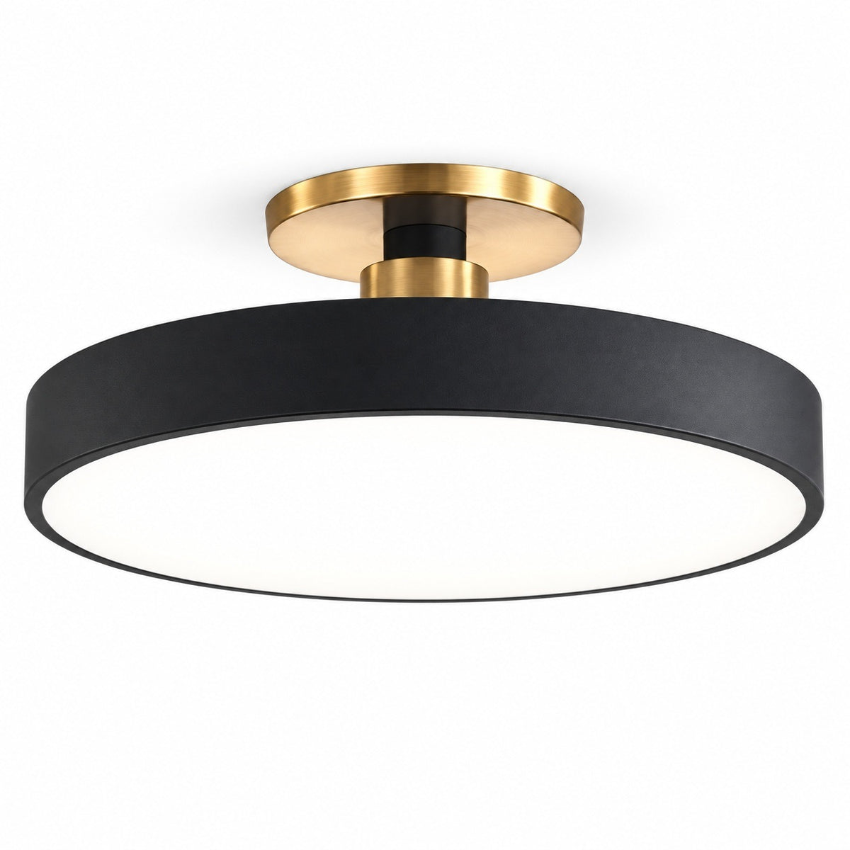 A modern semi-flush mount ceiling light fixture featuring a matte black cylindrical shade and brushed gold metal hardware, shown against a solid white background.