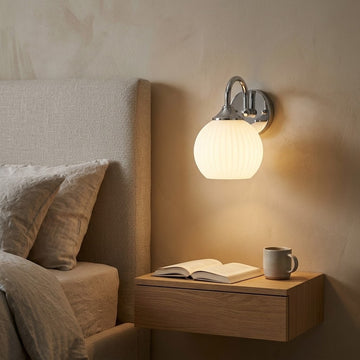 Living Room Wall Sconce, Ribbed Glass Sconce or Smooth Glass, Chrome or Gold Bedside Sconces with Bulb