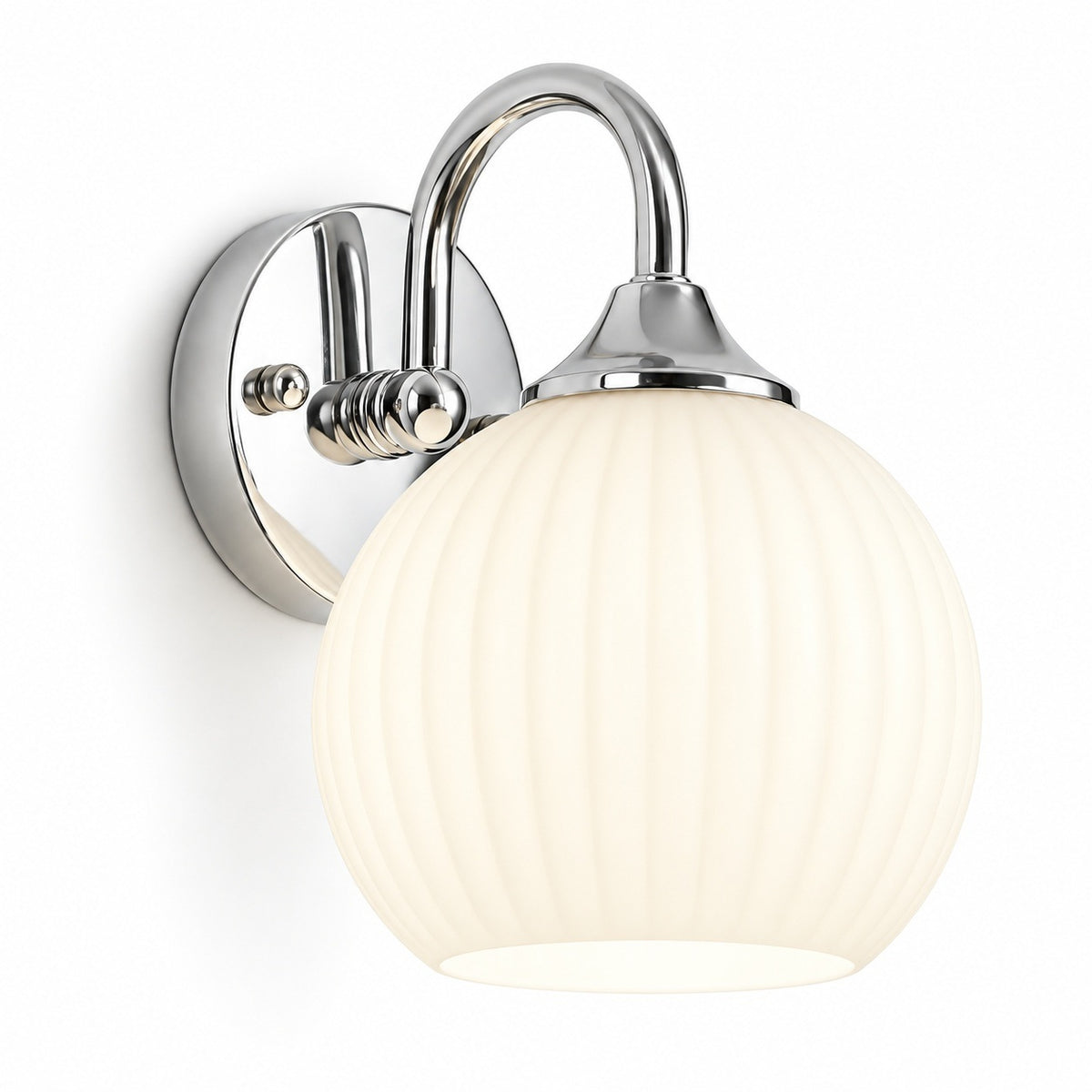 Chrome wall sconce with a curved arm, round backplate, and glowing ribbed white glass shade against a white background.