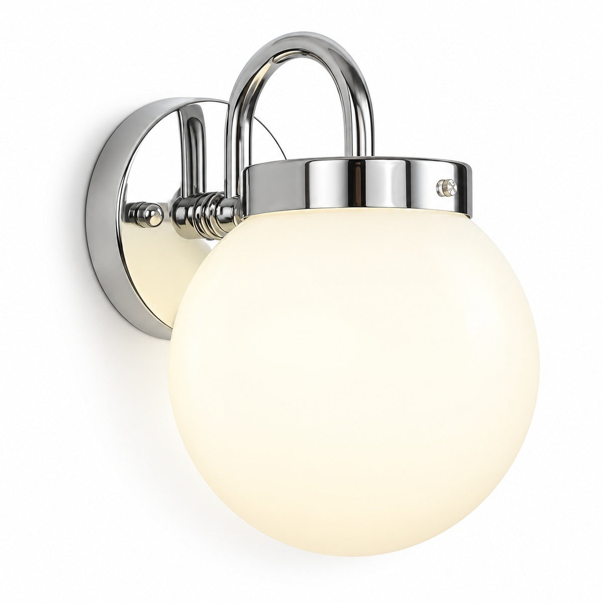 Chrome wall sconce with a curved arm, round backplate, and glowing smooth white glass globe against a white background.