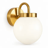Gold wall sconce with a curved arm, round backplate, and smooth white glass globe against a white background.