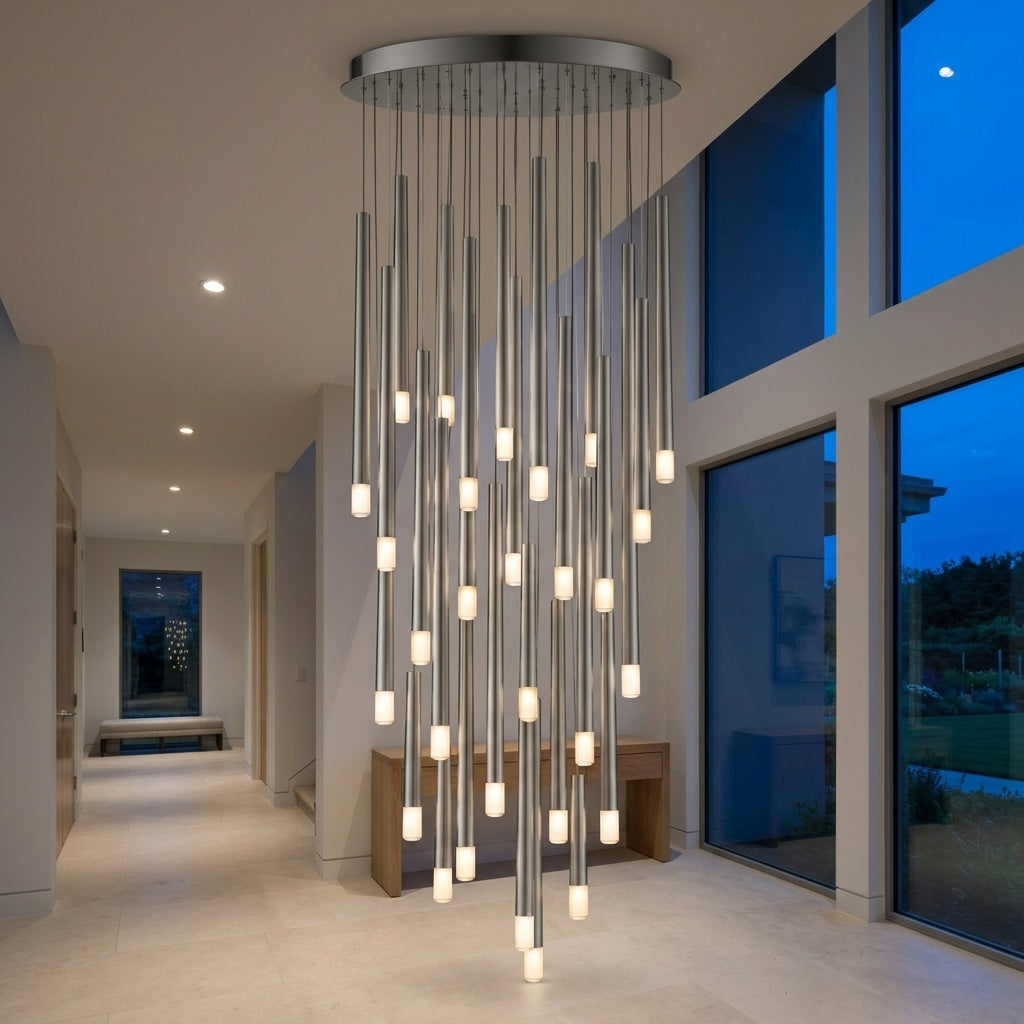 A silver-toned pendant chandelier with cascading illuminated tubes hangs in a tall entryway beside large windows and a wooden console.