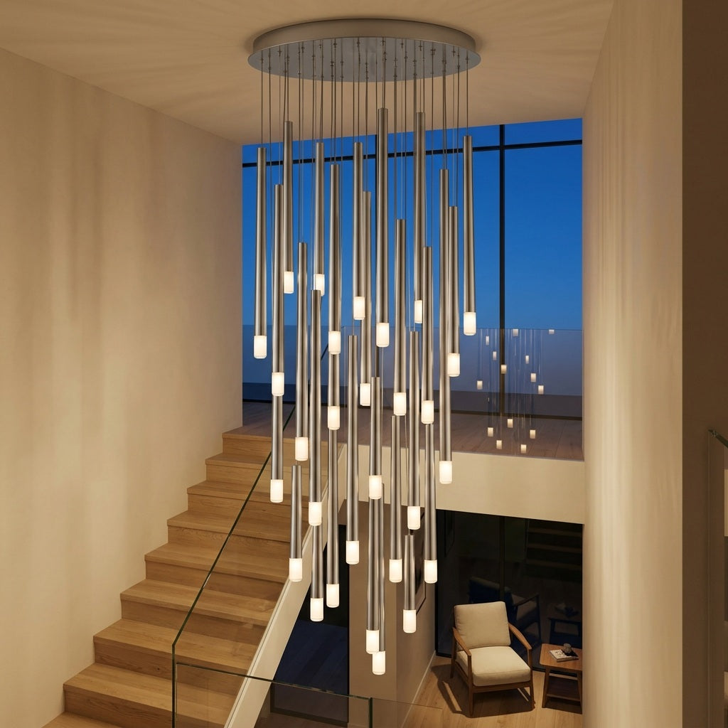 A silver-toned pendant chandelier with staggered glowing tubes hangs beside a wooden staircase with a glass railing.