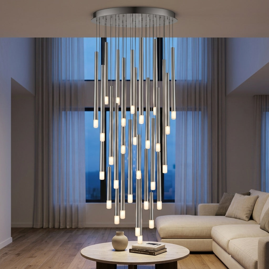 A silver-toned pendant chandelier with cascading glowing tubes hangs above a round coffee table beside a cream sectional and sheer curtains.