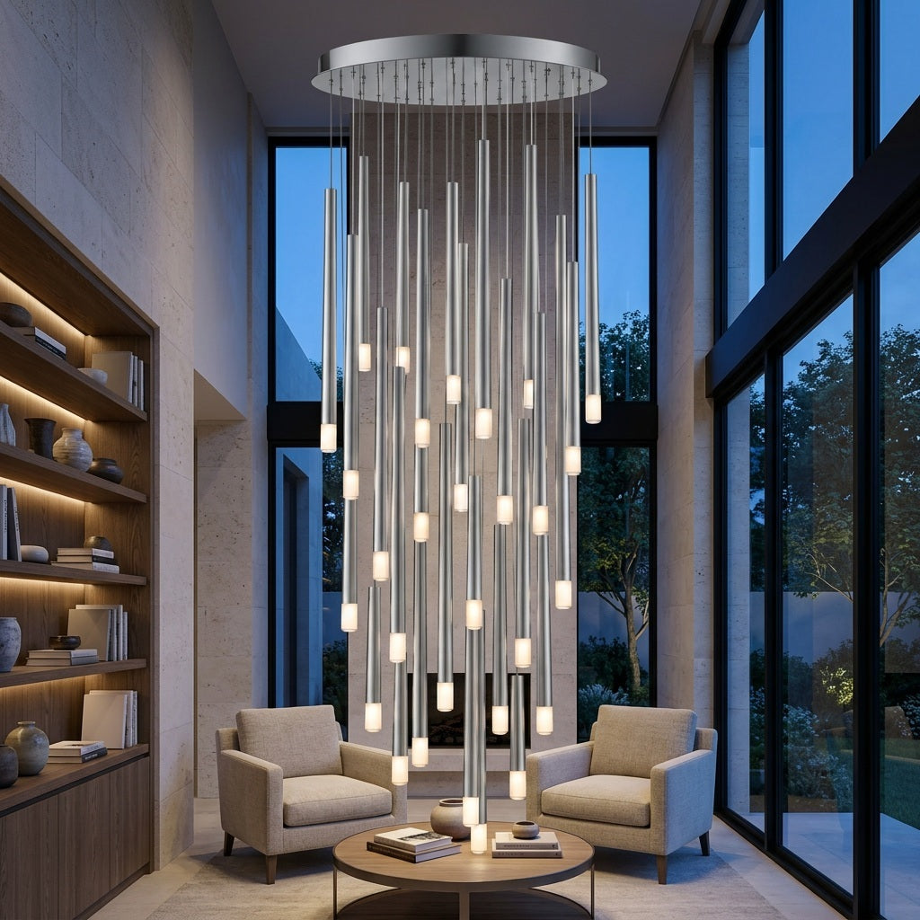 A silver-toned pendant chandelier hangs above a round coffee table between cream armchairs, beside illuminated shelves and tall windows.