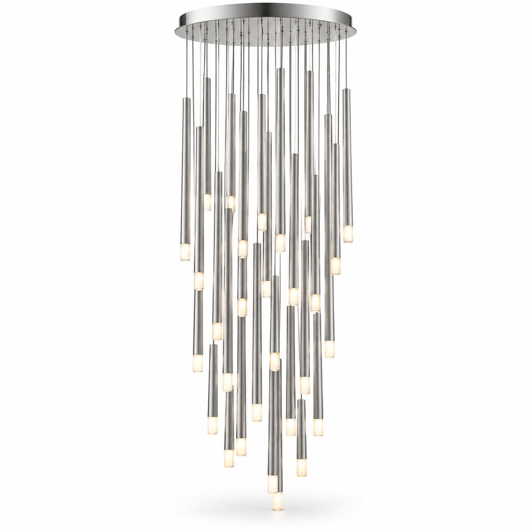 A silver-toned pendant chandelier with a circular canopy and staggered slender tubes ending in white lights appears against a white background.