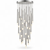 A silver-toned pendant chandelier with a circular canopy and staggered slender tubes ending in white lights appears against a white background.