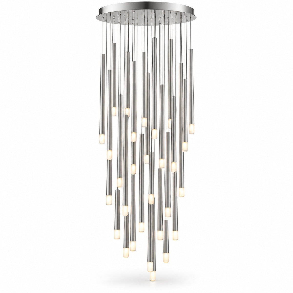 A silver-toned pendant chandelier with a circular canopy and staggered slender tubes ending in white lights appears against a white background.