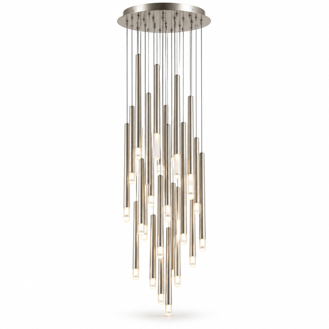 A silver pendant chandelier has staggered metal tubes with glowing tips suspended from a round canopy against a white background.