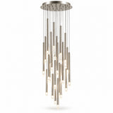 A silver pendant chandelier has staggered metal tubes with glowing tips suspended from a round canopy against a white background.