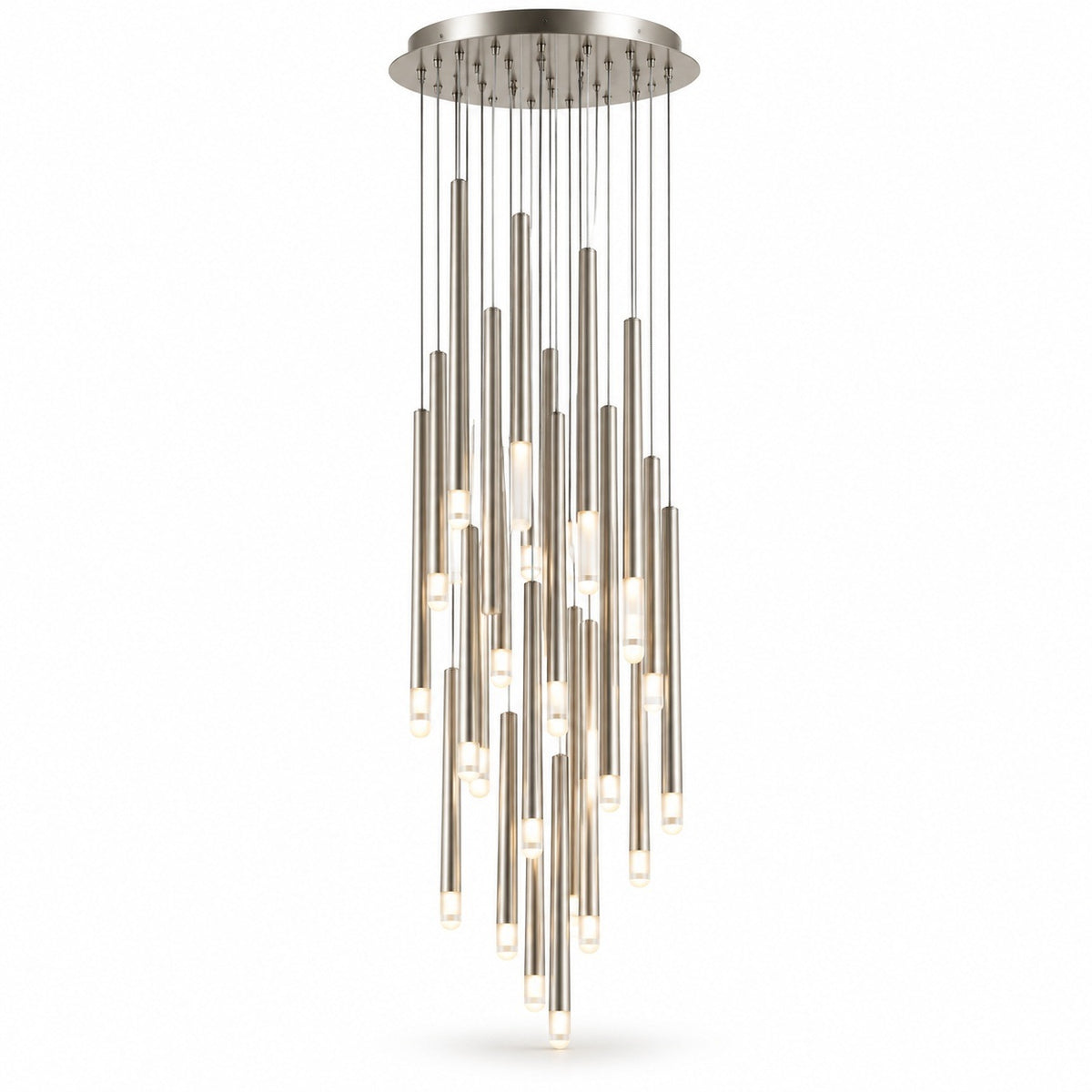 A silver pendant chandelier has staggered metal tubes with glowing tips suspended from a round canopy against a white background.