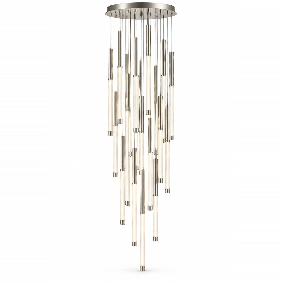 A silver pendant chandelier features long illuminated rods with metal end caps cascading from a circular canopy against a white background.