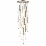 A silver pendant chandelier features long illuminated rods with metal end caps cascading from a circular canopy against a white background.