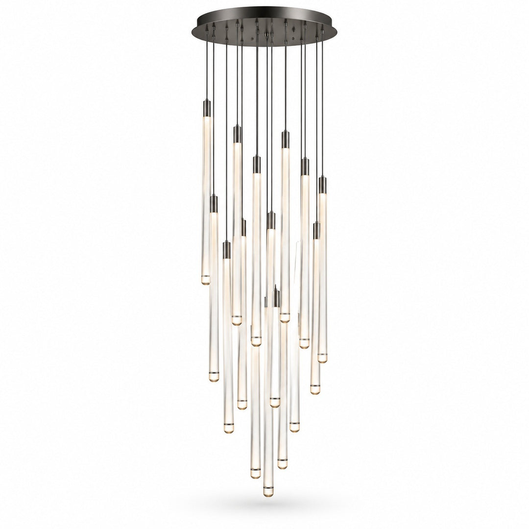 A pendant chandelier with a dark circular canopy suspends slender illuminated tubes at staggered heights against a white background.