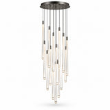 A pendant chandelier with a dark circular canopy suspends slender illuminated tubes at staggered heights against a white background.