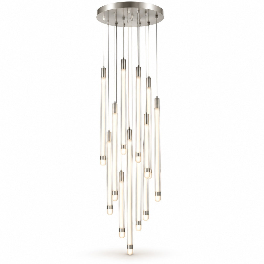 A silver pendant chandelier displays cascading illuminated tubes with rounded tips beneath a circular canopy against a white background.