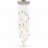 A silver pendant chandelier displays cascading illuminated tubes with rounded tips beneath a circular canopy against a white background.