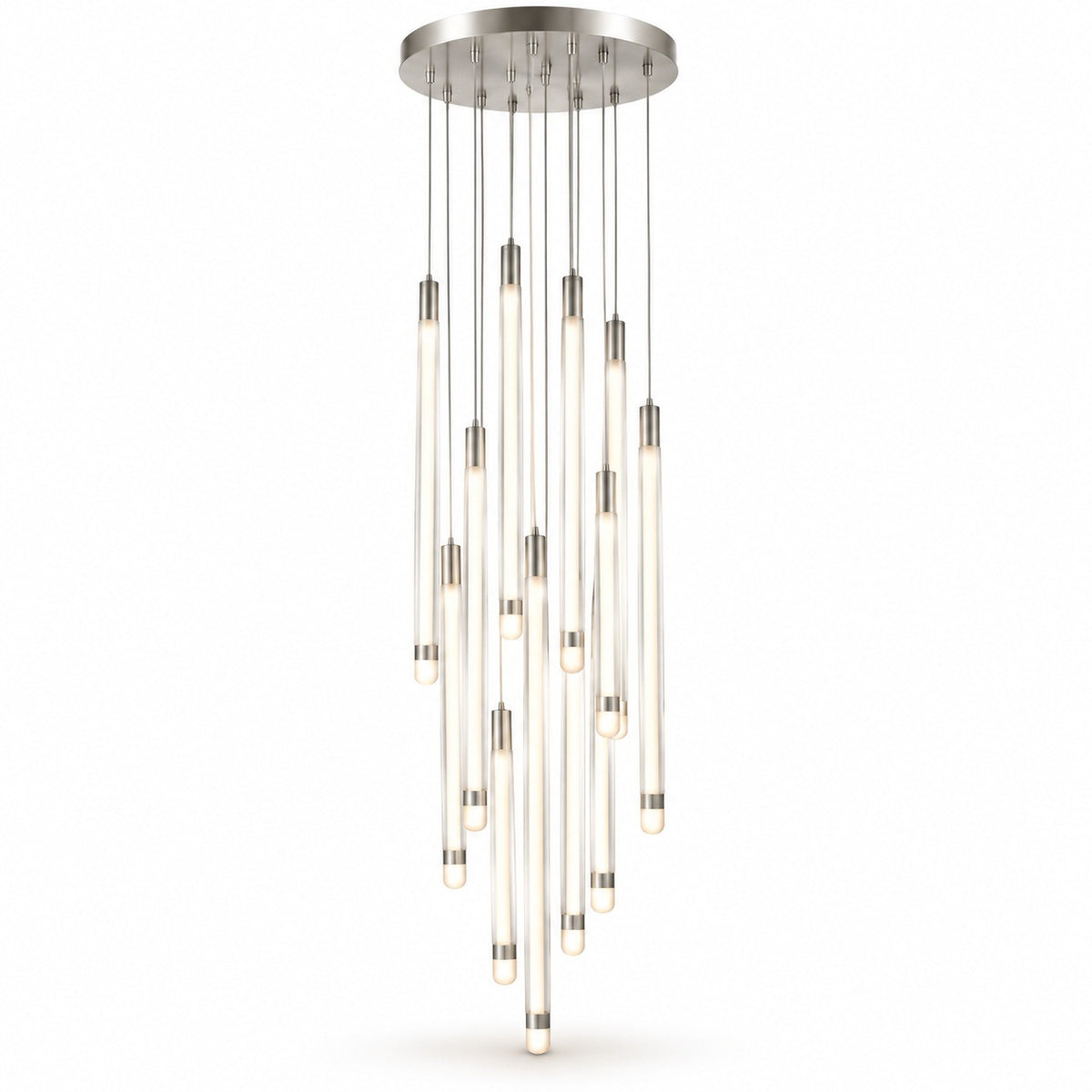 A silver pendant chandelier displays cascading illuminated tubes with rounded tips beneath a circular canopy against a white background.