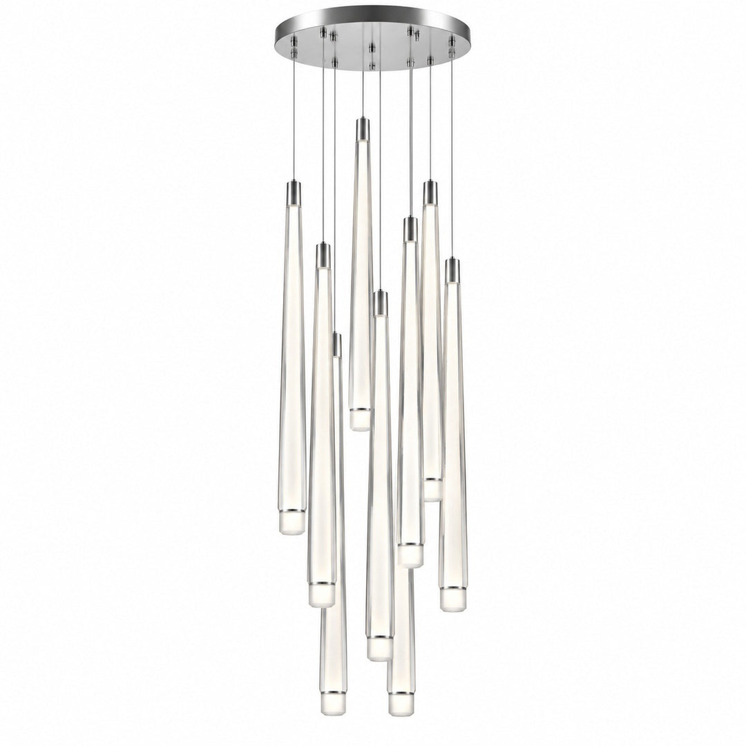 A silver pendant chandelier has tapered illuminated drops suspended at different heights from a round canopy against a white background.