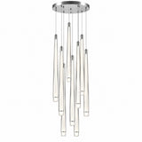 A silver pendant chandelier has tapered illuminated drops suspended at different heights from a round canopy against a white background.