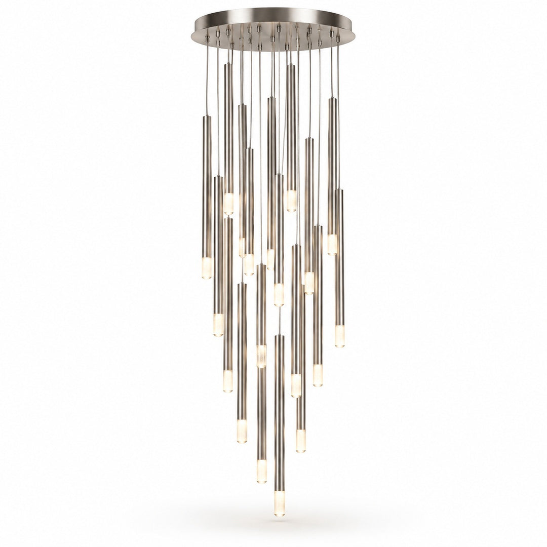 A silver pendant chandelier features slim metal tubes ending in glowing pointed tips, cascading beneath a round canopy against a white background.