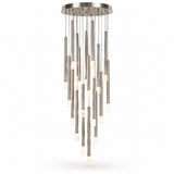 A silver pendant chandelier features slim metal tubes ending in glowing pointed tips, cascading beneath a round canopy against a white background.