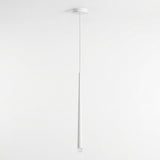 White pendant chandelier with a single slender tapered light suspended from a round ceiling canopy against a white background.
