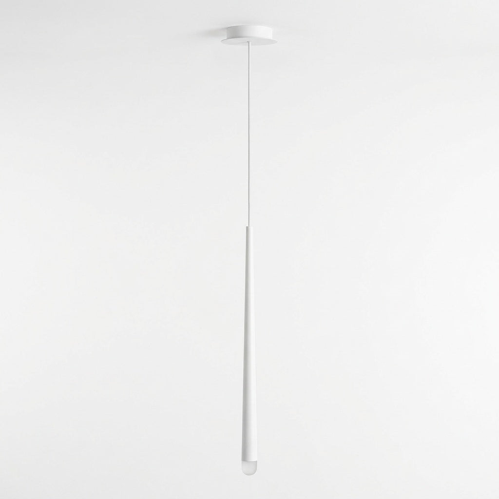 White pendant chandelier with a single slender tapered light suspended from a round ceiling canopy against a white background.