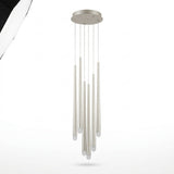 Silver pendant chandelier with six slender tubular lights hanging at staggered heights from a round canopy against a white background.