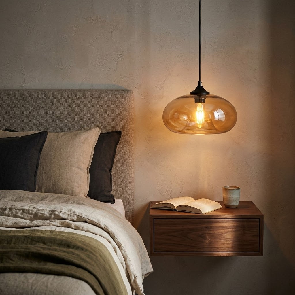 A modern pendant light with a rounded amber-tinted glass shade and a black cord, hanging above a floating wooden nightstand in a bedroom setting.