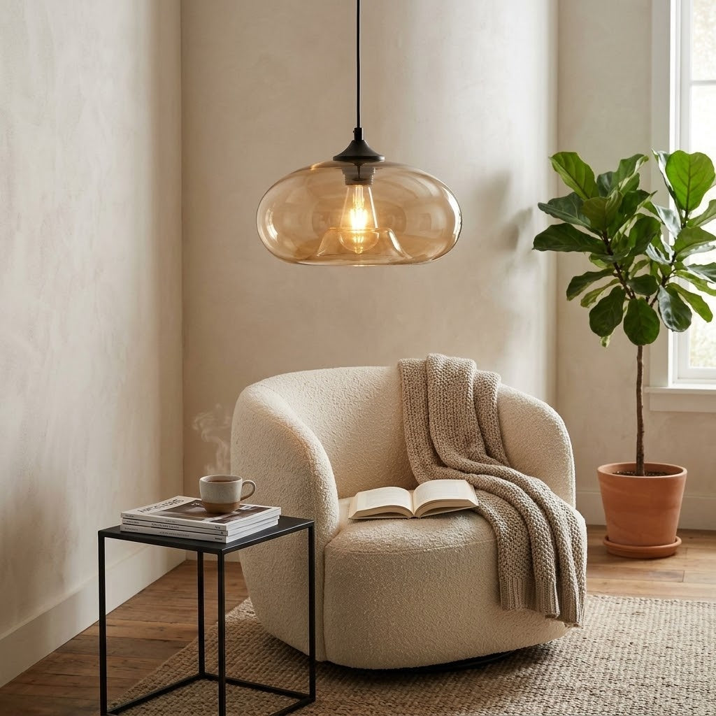 A modern pendant light with a clear amber-tinted glass dome and a visible warm bulb, hanging above a cream boucle armchair in a styled room with a side table, throw blanket, book, and potted plant.
