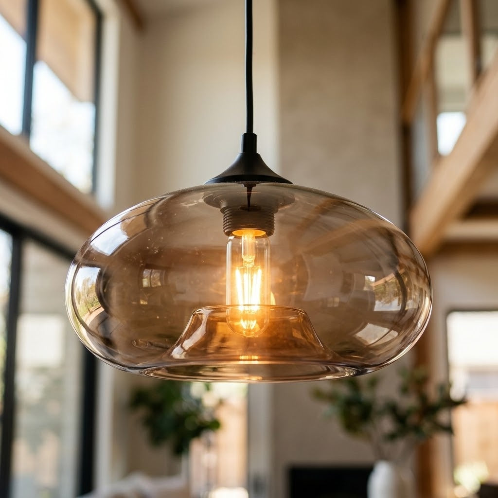 A modern pendant light with a large, rounded translucent amber-tinted glass shade and a visible glowing filament bulb, hanging in a softly blurred interior setting.
